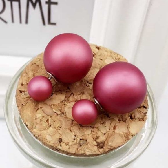 Rose Red Matte Double Sided Pearl Earrings - Picture 2 of 3